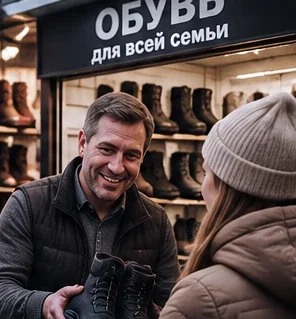 Иллюстрация: покупатель выбирает обувь с помощью продавца